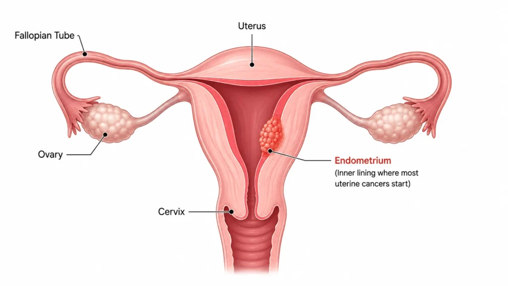 Anatomy of uterus and from where uterine cancer generally begins. Uterine cancer is cancer that develops in the uterus (womb), the most common type is endometrial cancer, which starts in the inner lining of the womb, and it is the most frequently diagnosed gynaecological cancer in urban India.